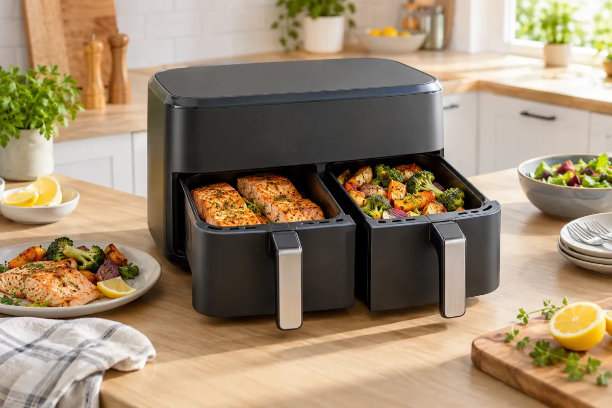 Illustrative dual-basket air fryer, not the linked model