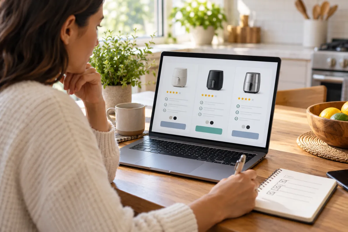 Shopper comparing product information on a laptop