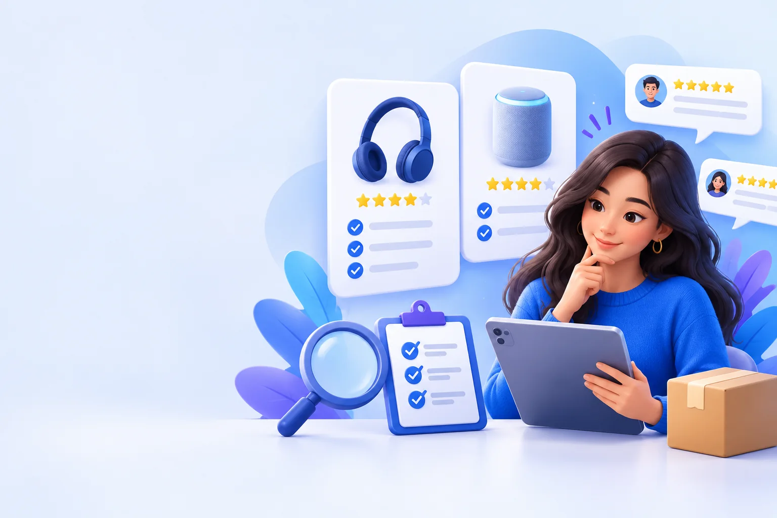Illustration of a shopper comparing products and reviews before buying