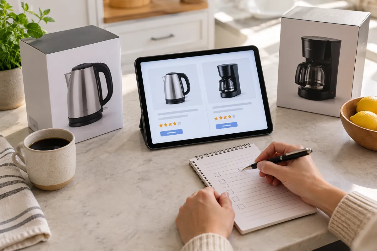 Comparing small-appliance listings on a tablet