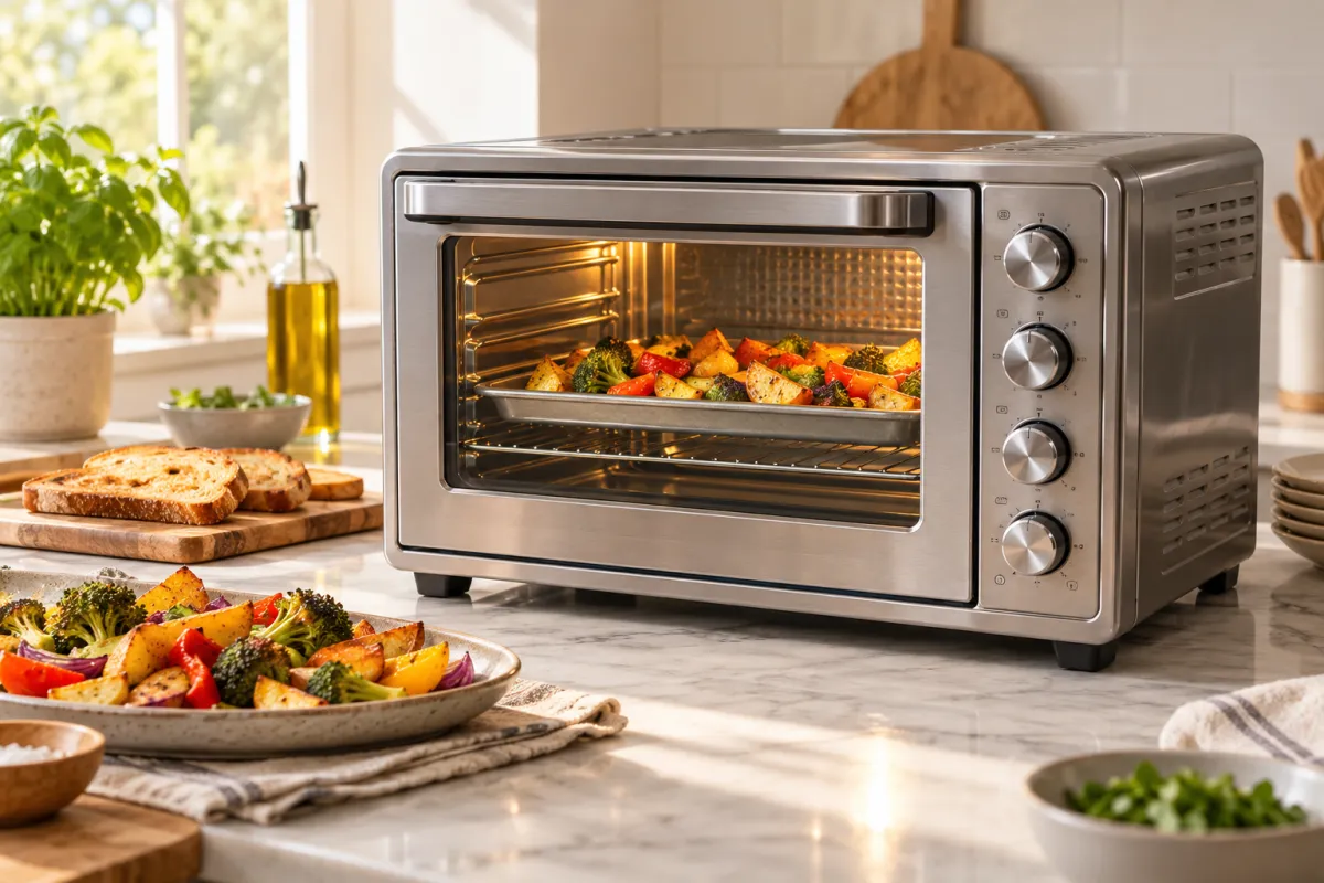 Unbranded countertop toaster oven with a tray of roasted vegetables
